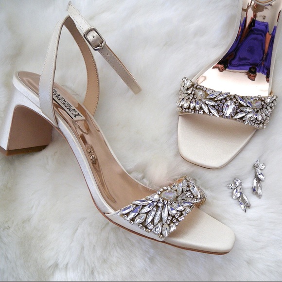 Badgley Mischka Marsha, Block Heel Rhinestone Sandals in Ivory Satin - Picture 2 of 14